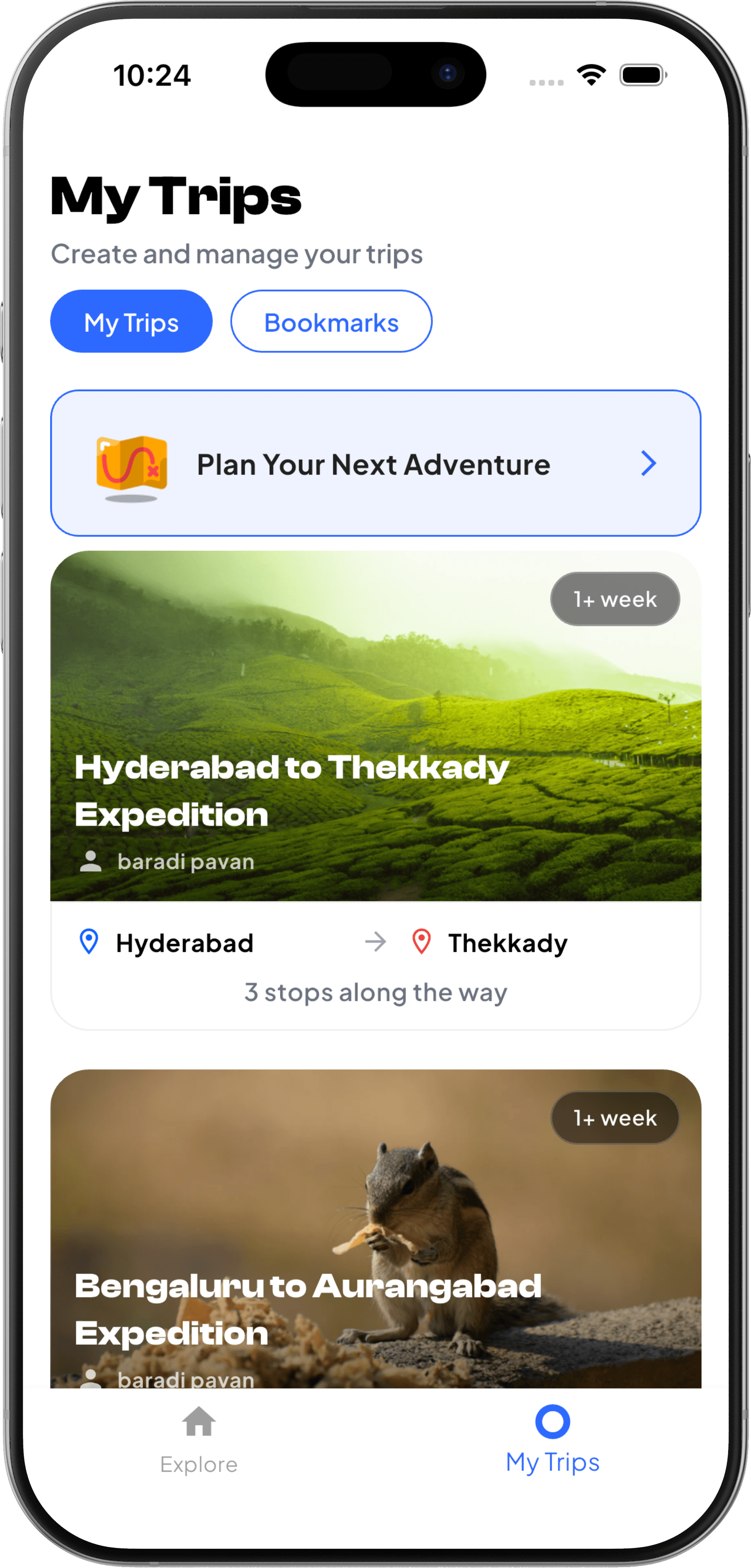 The My Trips screen, listing the trips this traveller has published.