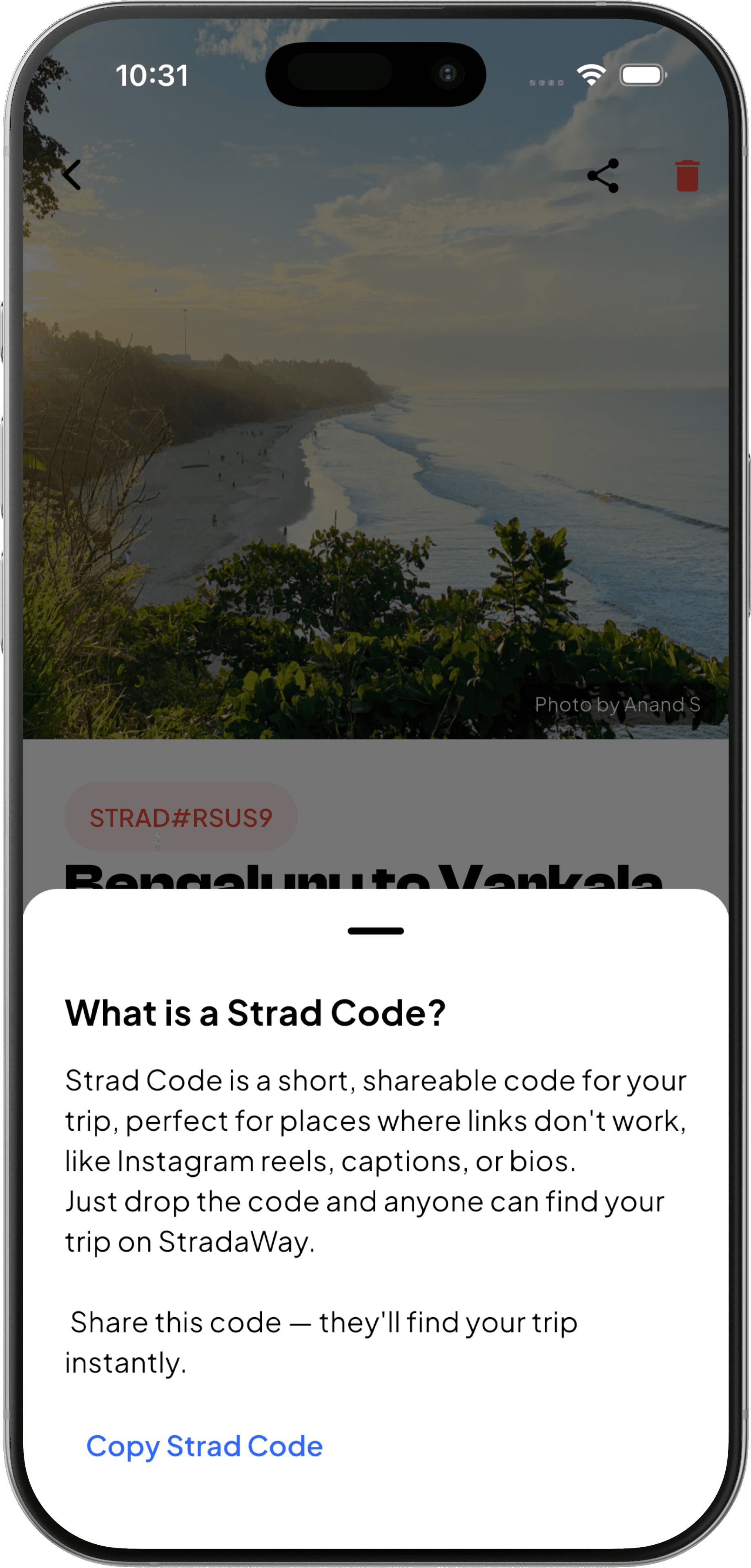 The Strad Code sheet for a published trip, showing the code and a share button.
